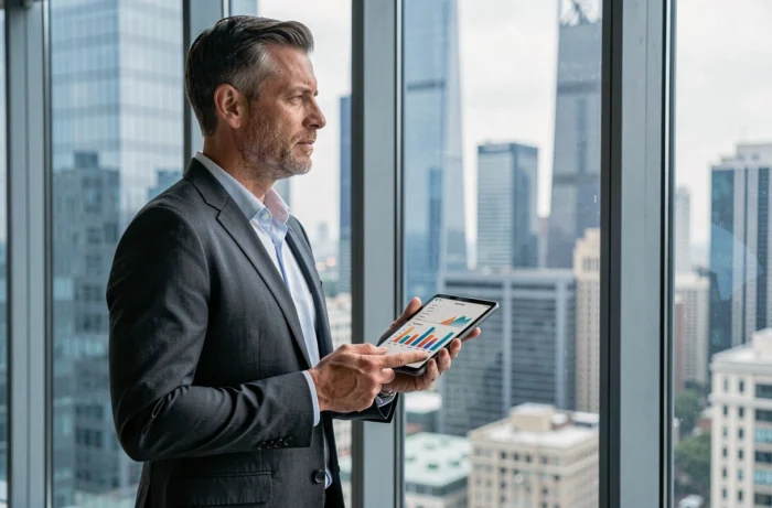 Dirigeant d'entreprise analysant des données digitales sur une tablette face à un panorama urbain, symbolisant l'actualité et l'innovation numérique