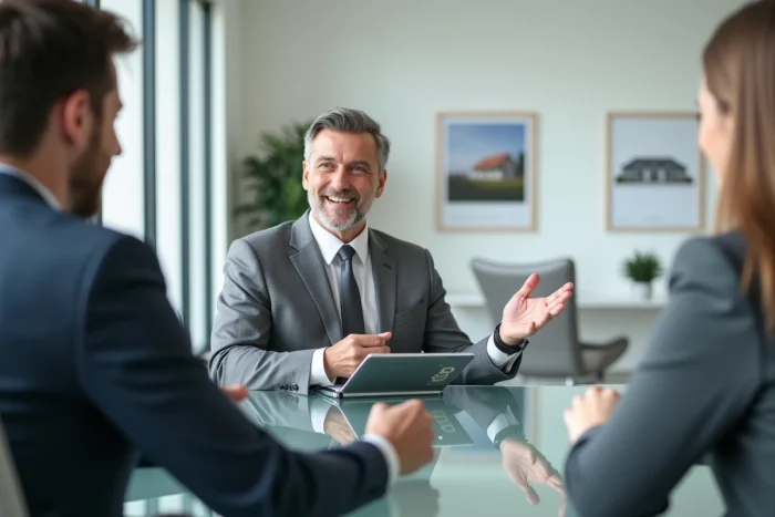 Agent immobilier présentant des biens sur tablette à des clients dans une agence Leader Immobilier moderne
