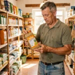 Agriculteur portugais examinant un flacon d'herbicide glyphosate dans un magasin de fournitures agricoles