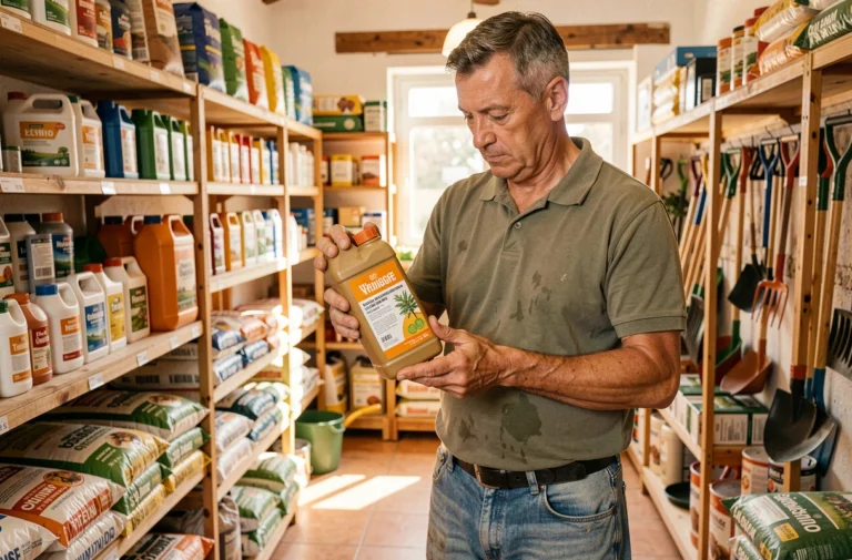 Agriculteur portugais examinant un flacon d'herbicide glyphosate dans un magasin de fournitures agricoles
