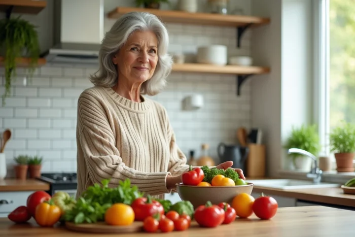 Une femme d'une cinquantaine d'années préparant un repas sain et coloré dans une cuisine familiale, conseils nutrition santé