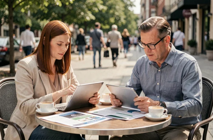 Deux associés entrepreneurs consultant des ressources et guides essentiels en terrasse urbaine