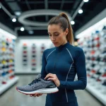 Femme comparant des chaussures de running dans un magasin de sport pour choisir les meilleurs équipements sportifs