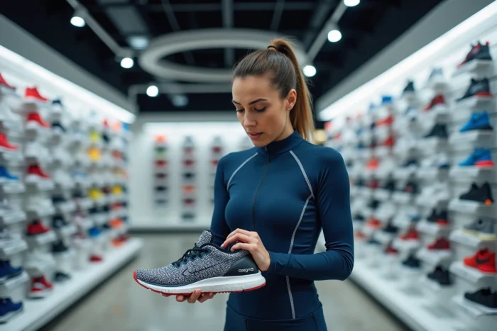 Femme comparant des chaussures de running dans un magasin de sport pour choisir les meilleurs équipements sportifs