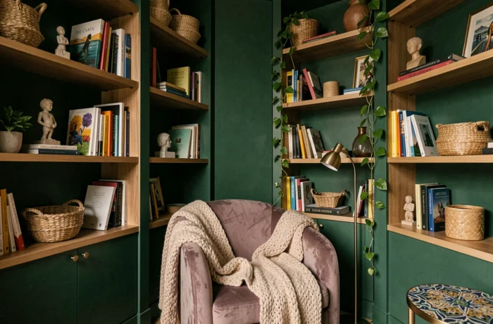 Coin lecture cosy avec murs vert forêt, bibliothèque intégrée, fauteuil en velours mauve poussiéreux et plantes retombantes dans une alcôve style maximaliste