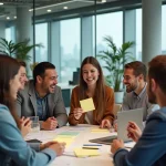 Groupe de collègues de bureau riant autour d'une note collante