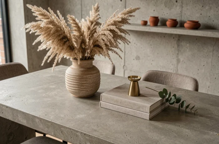 Composition décorative tendance sur table en béton avec vase en grès côtelé, herbe de pampa séchée, porte-bougie en laiton brossé et livres en lin