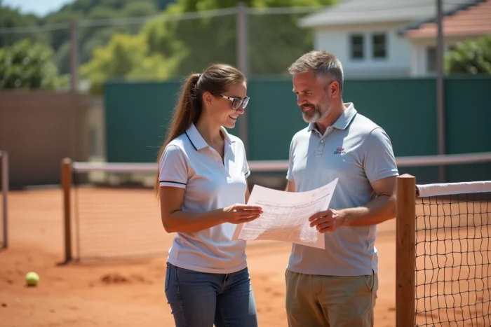 Constructrice de terrain de tennis et client examinant les plans de finition d'un court en terre battue