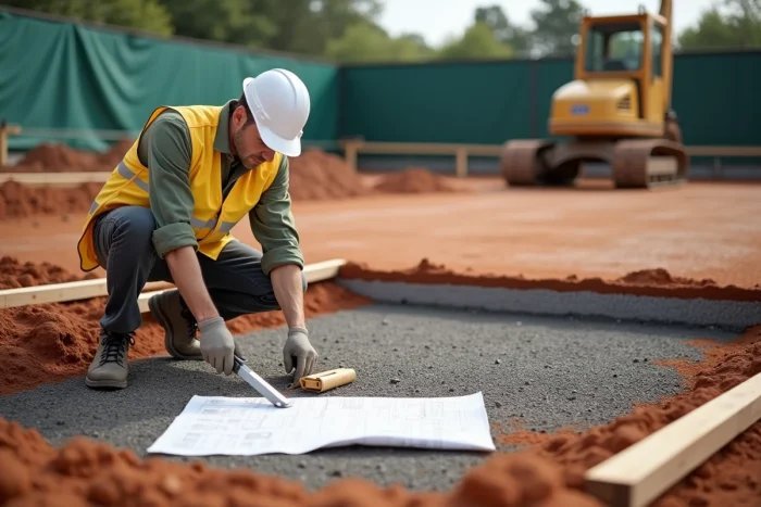 Constructeur professionnel inspectant les couches de base d'un terrain de tennis en cours de construction