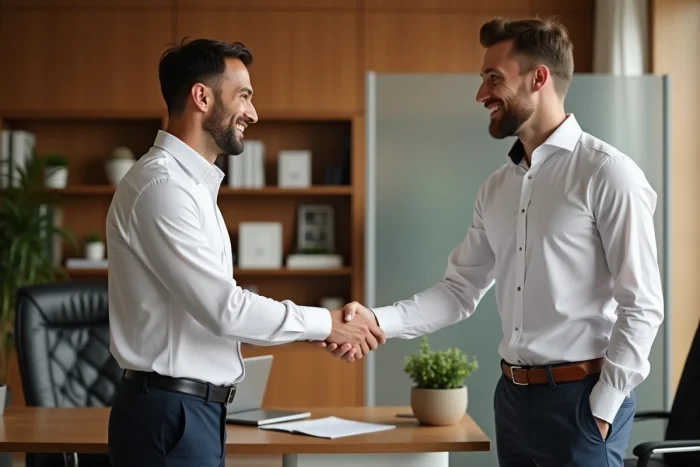 Consultant et client concluant un accord de services personnalisés avec une poignée de main dans un bureau professionnel