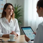 Une femme discutant de sa santé avec une médecin dans un cabinet médical moderne, tablette numérique sur le bureau