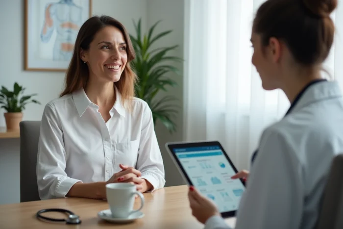 Une femme discutant de sa santé avec une médecin dans un cabinet médical moderne, tablette numérique sur le bureau