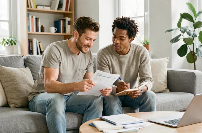 Couple examinant leur budget familial et actualités bancaires ensemble dans leur salon, gestion financière à domicile