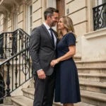 Couple élégant en tenue formelle devant un immeuble haussmannien parisien, illustrant la discrétion et la vie privée d'un personnage public et son épouse