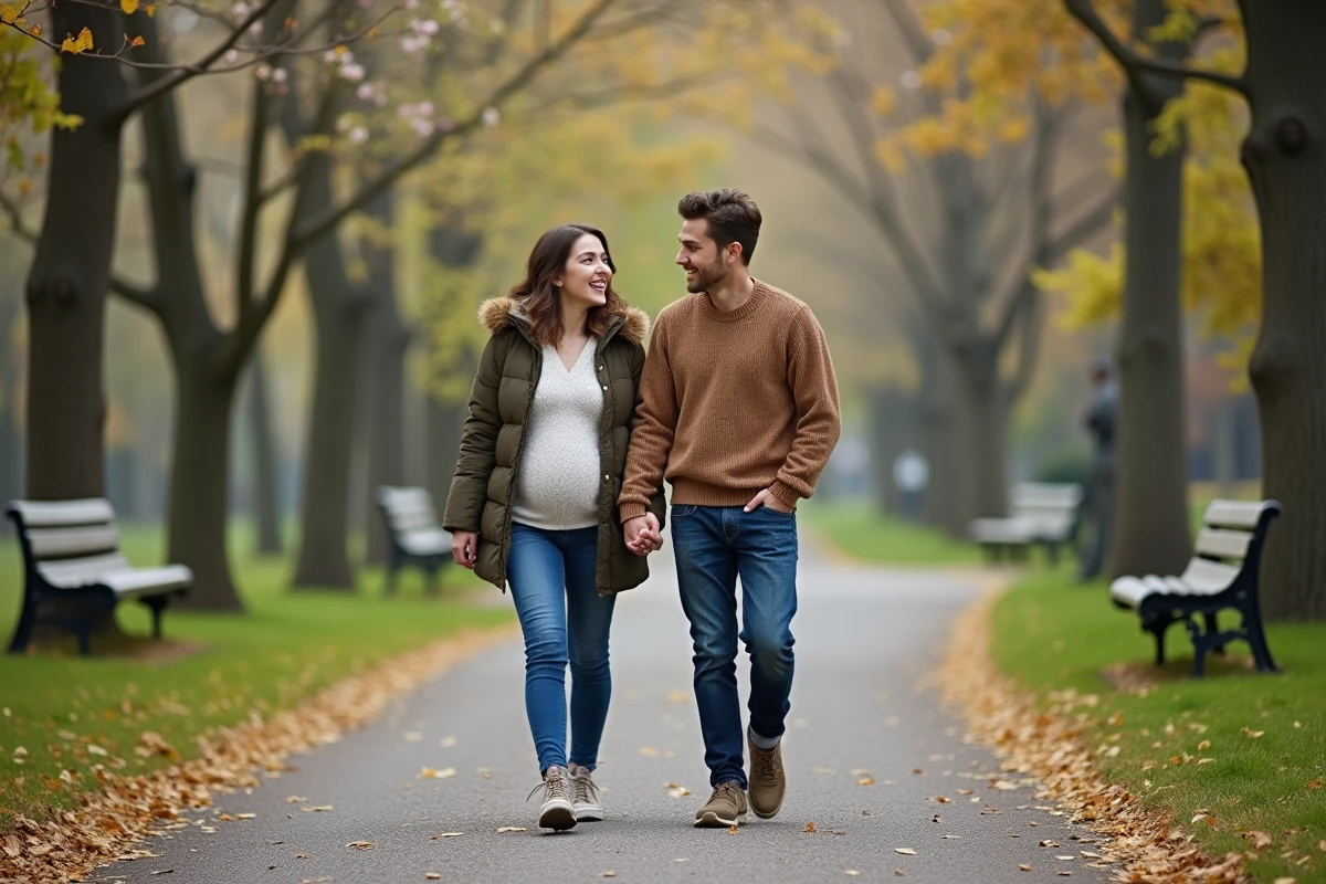 Couple enceinte se promenant dans un parc urbain