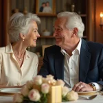 Couple de personnes âgées célébrant leurs 50 ans de mariage autour d'une table décorée avec des roses et un cadeau doré