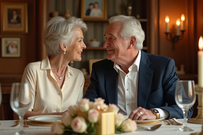 Couple de personnes âgées célébrant leurs 50 ans de mariage autour d'une table décorée avec des roses et un cadeau doré