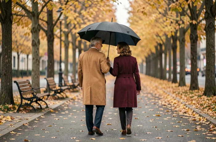 Couple marchant côte à côte sous un parapluie sur une avenue parisienne en automne, illustrant l'équilibre entre vie privée et présence médiatique d'un couple connu