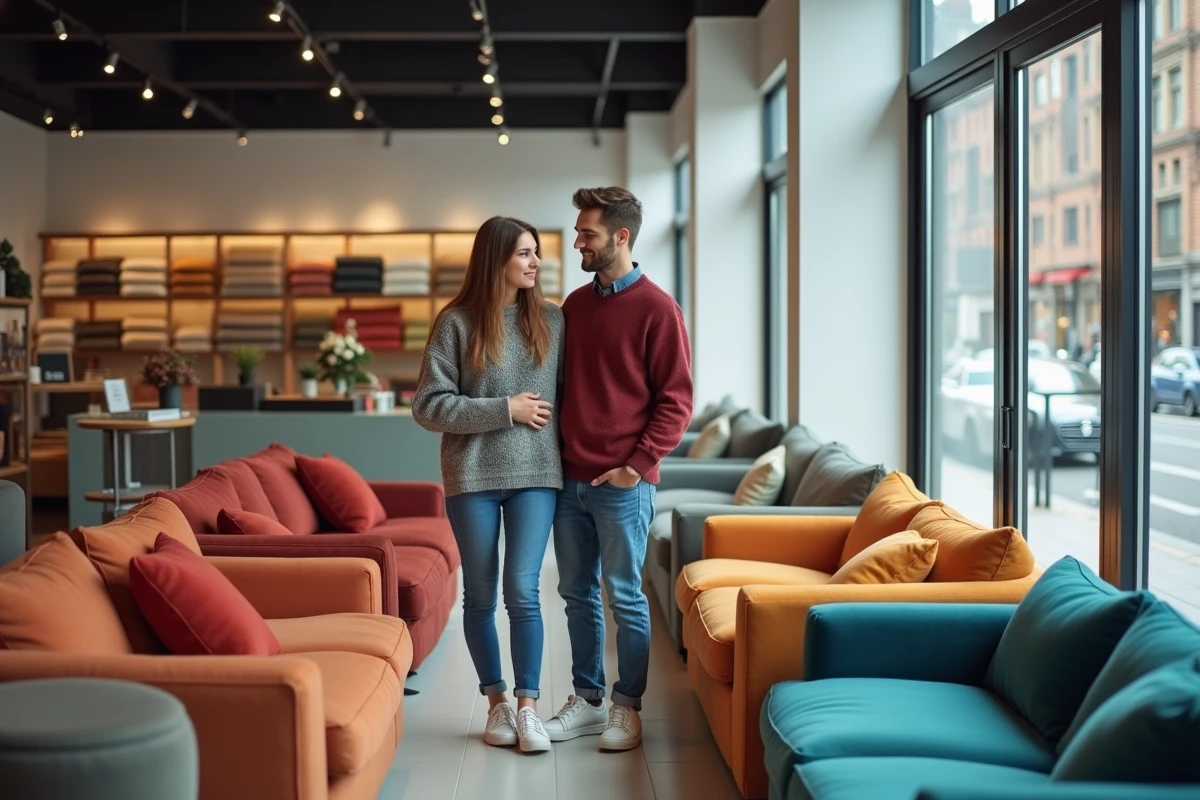 Jeune couple discutant devant des canapés colorés en showroom