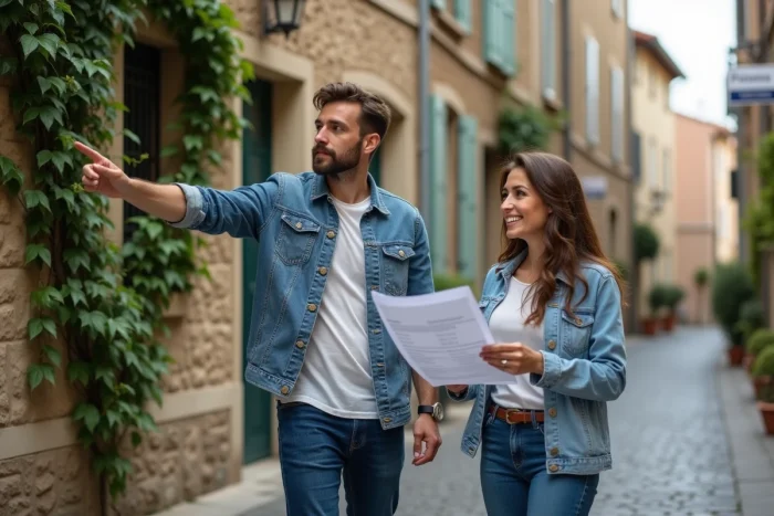 Couple visitant une maison en pierre à vendre à Lyon trouvée via Leader Immobilier