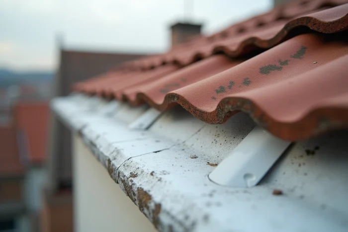 Détail gros plan d'un cache moineau en PVC installé sous les tuiles d'une toiture résidentielle