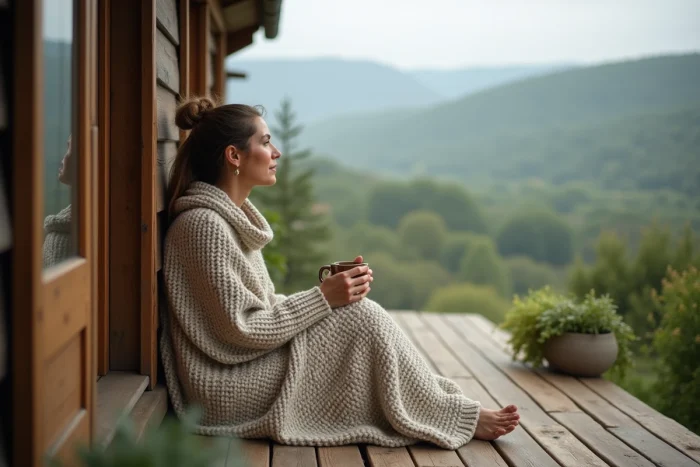 Femme se relaxant sur la terrasse d'un éco-lodge en France, hébergement nature en alternative à Center Parcs