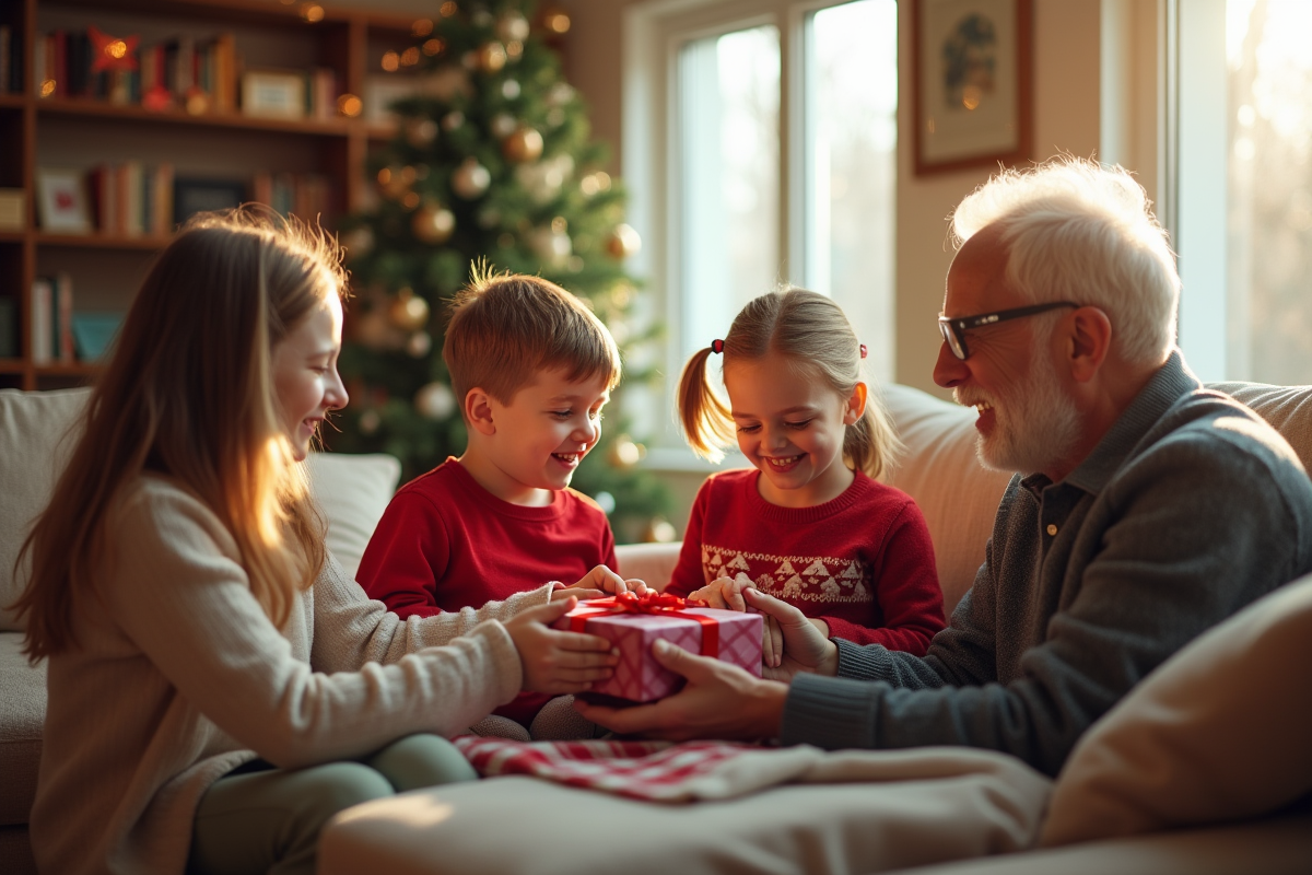 Enfants et grands-parents échangeant des cadeaux faits main