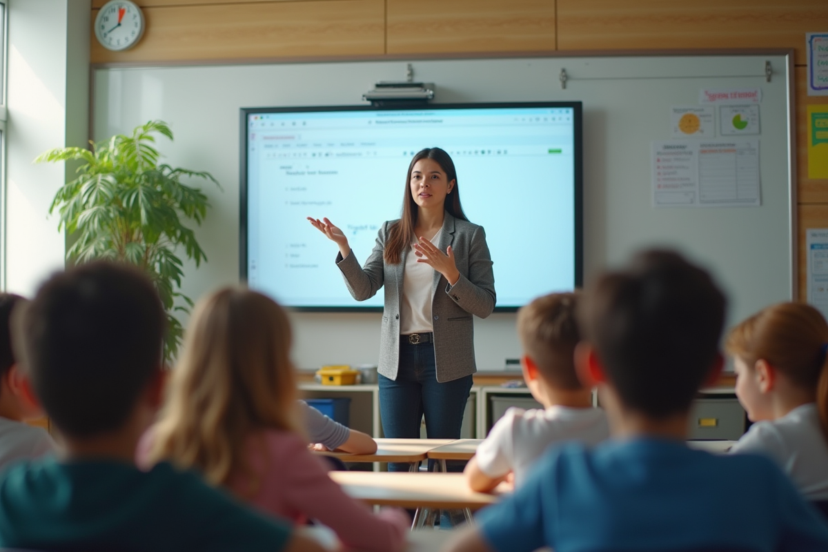 Professeur donnant cours interactif avec tableau numérique