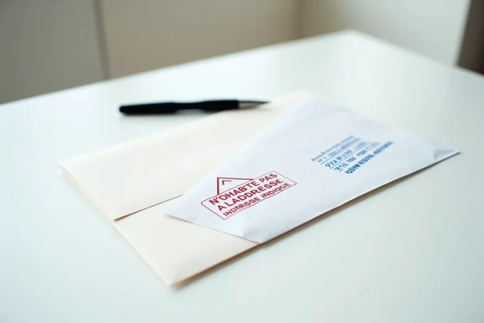 Gros plan de deux enveloppes, l'une avec une adresse erronée tamponnée et l'autre prête au retour à l'expéditeur
