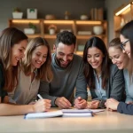 Groupe d'employes divers souriants dans un bureau moderne