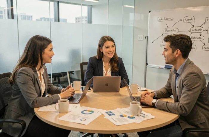 Équipe de jeunes professionnels partageant des ressources business autour d'une table de réunion dans un bureau de startup