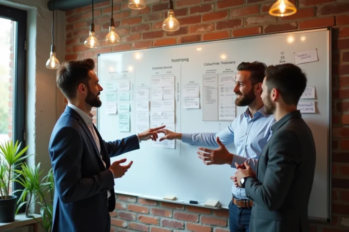 Équipe professionnelle en réunion de stratégie autour d'un tableau blanc avec des plans de services sur-mesure