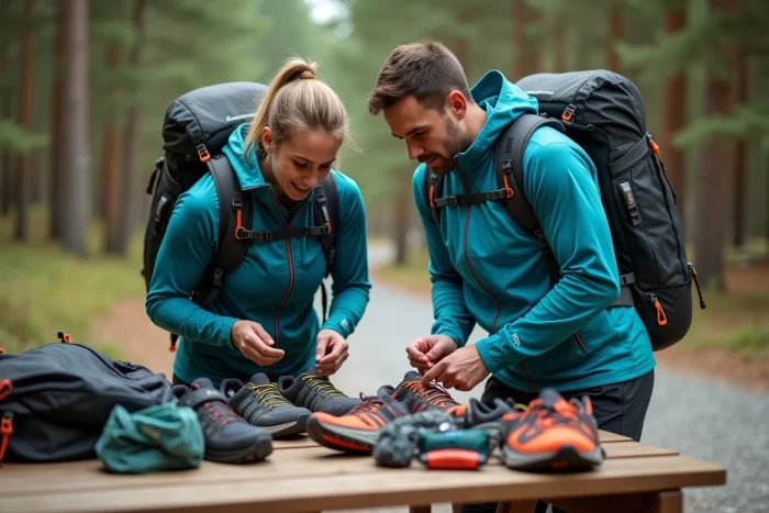 Deux athlètes comparant leurs équipements sportifs de trail en extérieur avant une séance d'entraînement en forêt