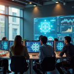 Groupe de personnes autour d'un espace de travail moderne avec écrans numériques