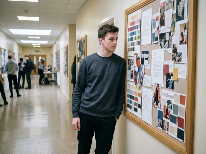 Étudiant en année de mise à niveau présentant un panneau de recherche visuelle dans une école préparatoire aux grandes écoles de design