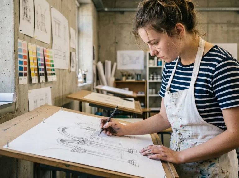 Étudiante en mise à niveau arts appliqués dessinant des formes architecturales dans un atelier scolaire
