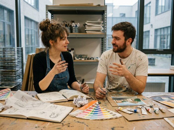 Deux étudiants en MANAA collaborant sur leurs projets artistiques dans un atelier de préparation aux grandes écoles