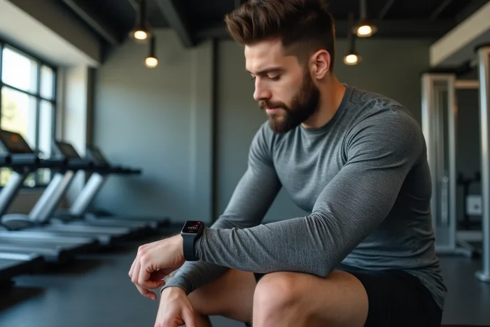 Homme évaluant un tracker de fitness connecté dans une salle de sport pour optimiser ses performances sportives