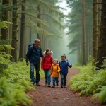 Famille en randonnée dans une forêt française lors de vacances nature, alternative à Center Parcs
