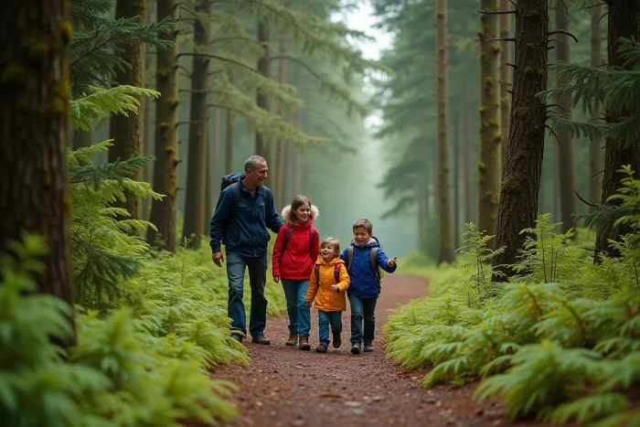 Famille en randonnée dans une forêt française lors de vacances nature, alternative à Center Parcs