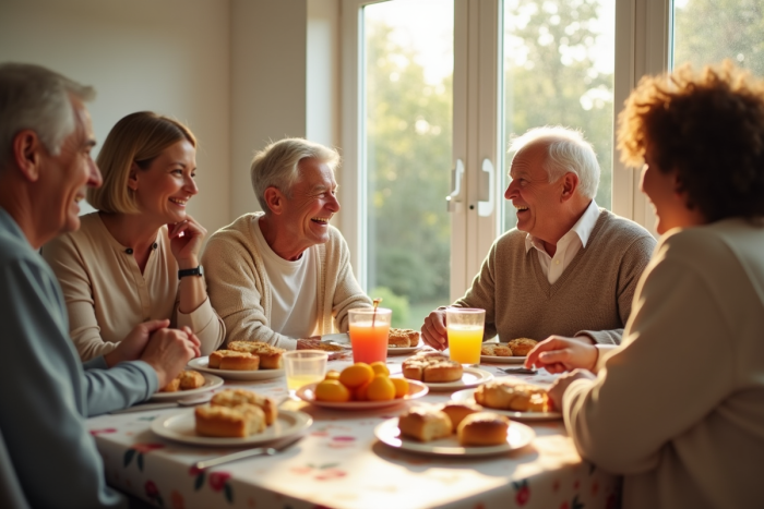 Famille multigenerational rieuse autour d'un repas festif