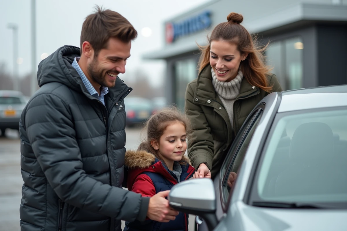 Famille heureuse inspectant une voiture d