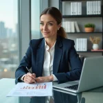 Femme d'affaires analysant des graphiques de croissance sur un ordinateur portable dans un bureau moderne