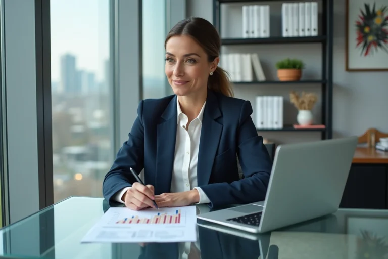 Femme d'affaires analysant des graphiques de croissance sur un ordinateur portable dans un bureau moderne