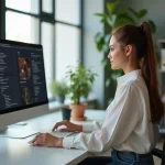 Jeune femme au bureau regardant un écran d'ordinateur