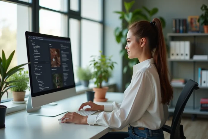 Jeune femme au bureau regardant un écran d'ordinateur