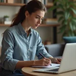 Jeune femme au bureau utilisant un ordinateur portable