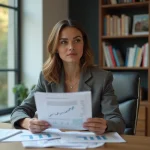 Femme confiante analysant des rapports immobiliers dans un bureau moderne