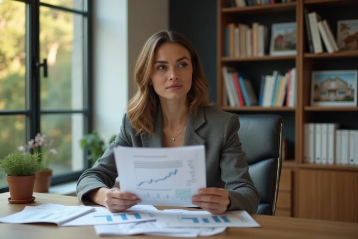 Femme confiante analysant des rapports immobiliers dans un bureau moderne