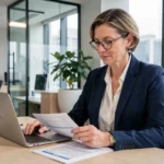 Femme professionnelle consultant ses relevés bancaires dans un bureau moderne, conseils financiers personnalisés